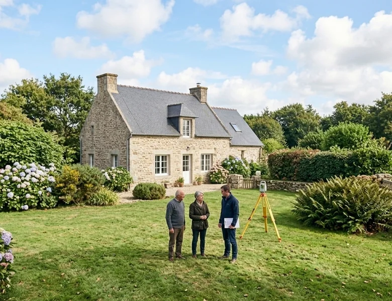 Services Géomètre-expert et riverains lors d'un bornage devant une maison en pierre en Finistère Sud