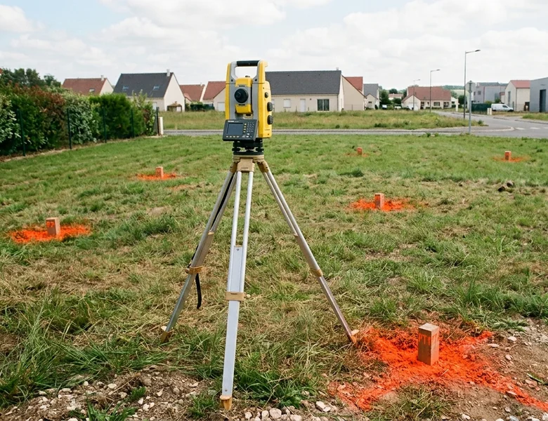 post images 01 Station totale et piquets d'implantation sur un terrain à bâtir viabilisé