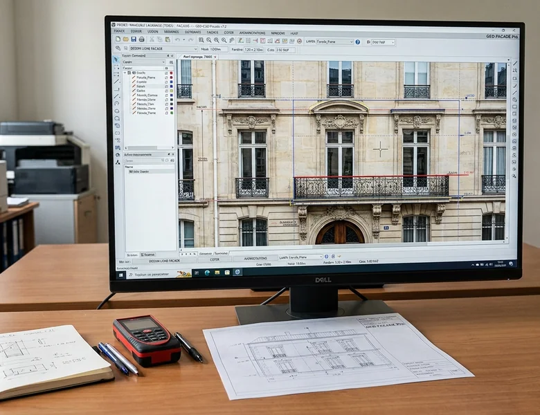 Services Relevé de façade par photogrammétrie affiché en CAO, avec télémètre et plans papier