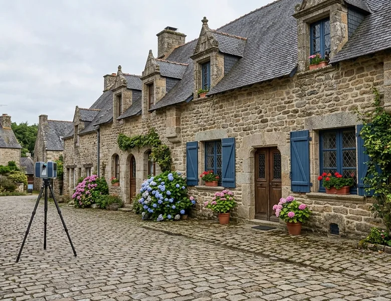 Services Station de levé topographique installée dans une ruelle pavée d'un bourg breton